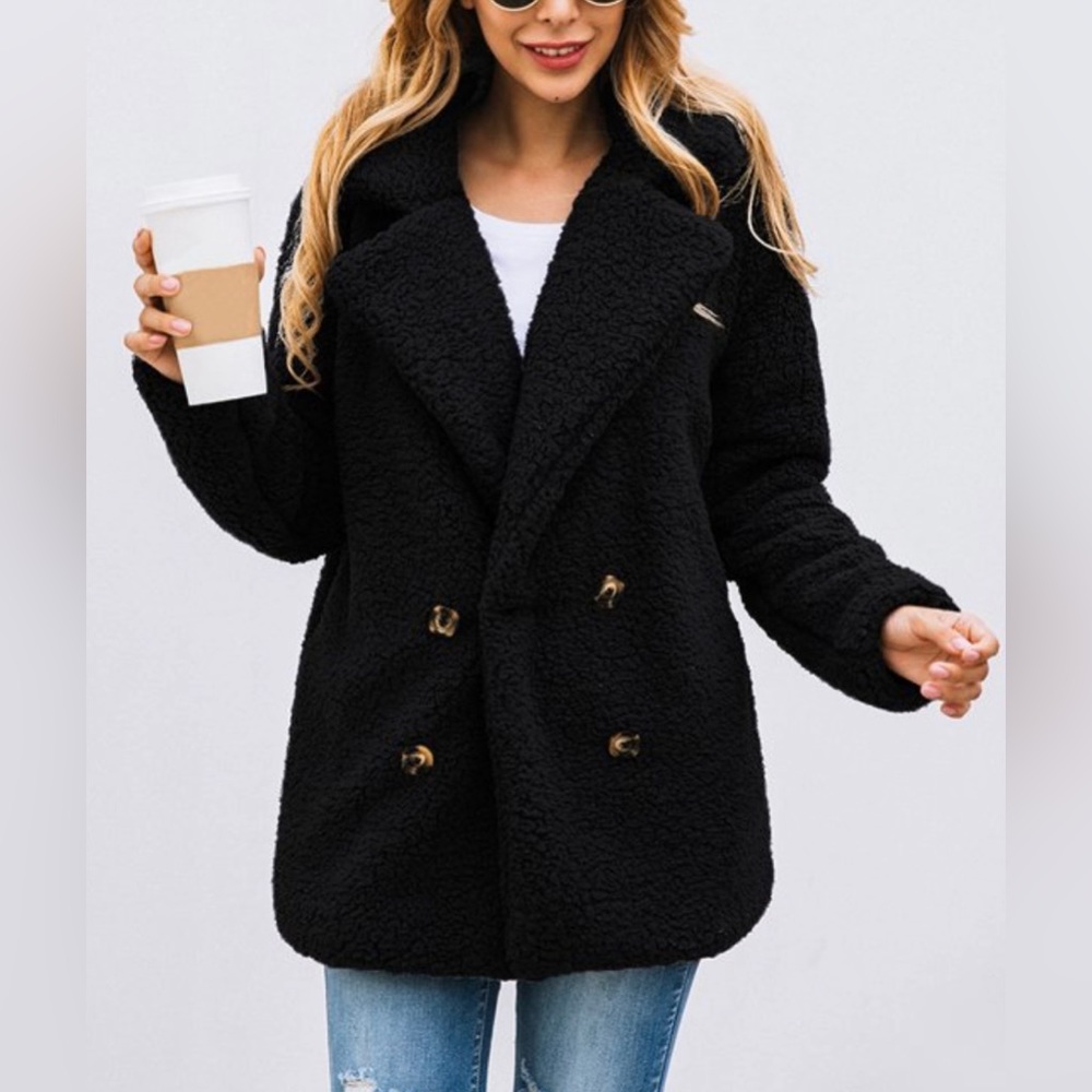 Black Teddy Peacoat Jacket Lightweight Button Coat